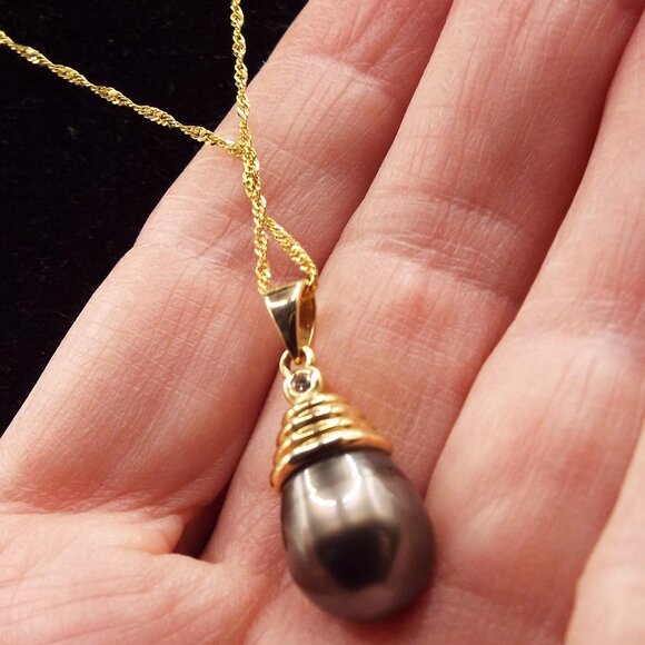 TAHITIAN 10 MM BLACK PEARL TEARDROP 14K GOLD CHAIN & SETTING NECKLACE 16 - Picture 1 of 4